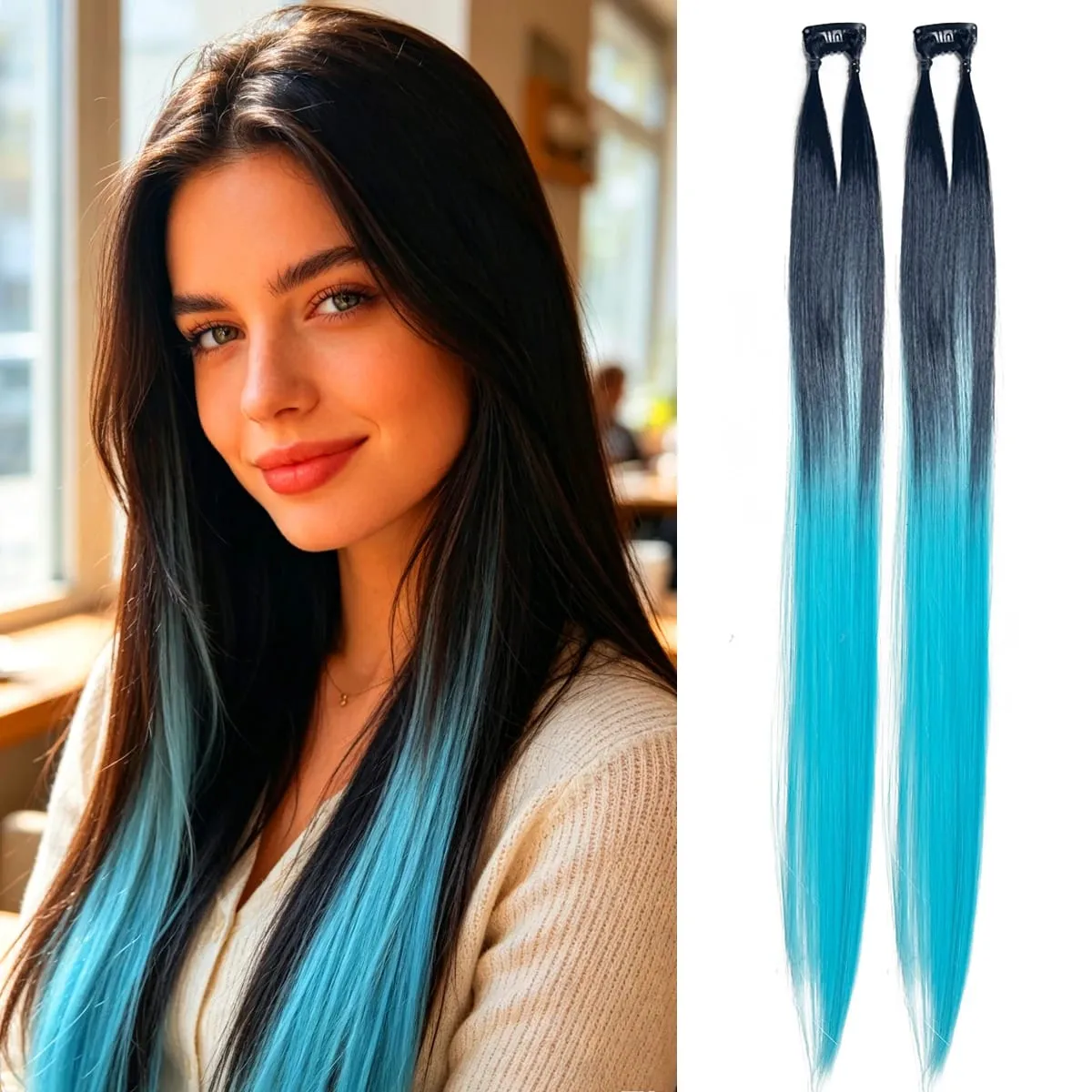Clip‑in Hair Extensions Long Straight Ombre Synthetic Hair Pieces 2Pcs/Set Fashion Highlight Hair For Women Hair Accessories — image 7