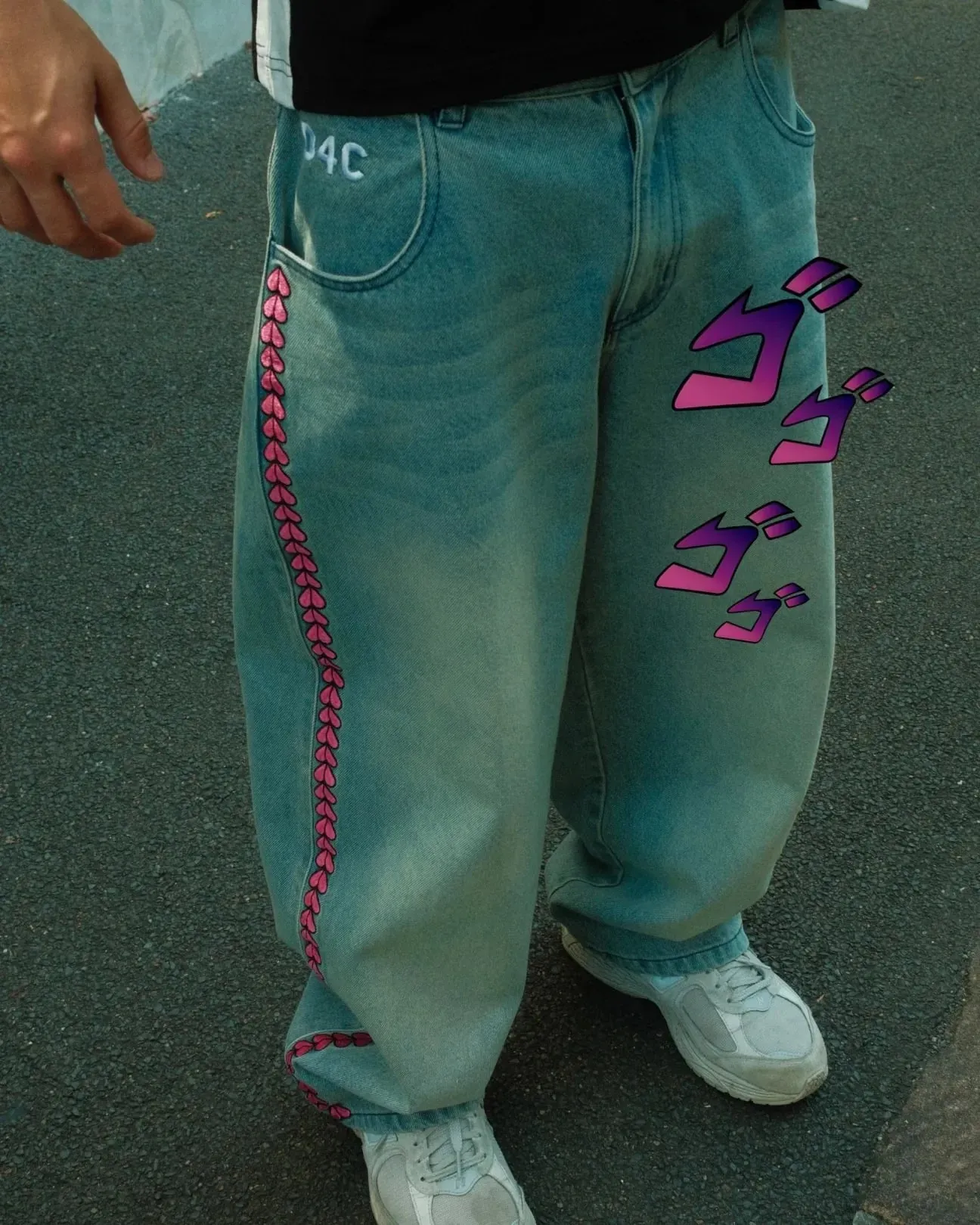Y2K Anime JoJo Street High Waisted Loose Jeans Pink Heart-shaped Embroidery Loose Washed Denim Pants Wide Leg Pants — image 2