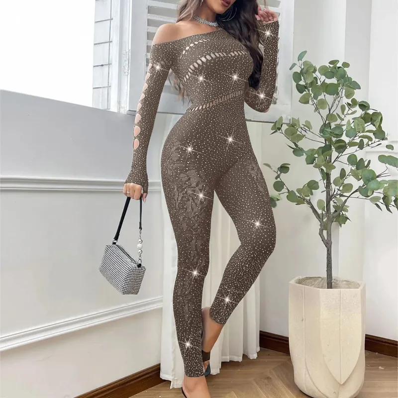 Kvinder Sexet Mesh Rhinestone Jumpsuit Langærmet Se Through High Stretch Body Strømper Jumpsuit Club Plus Size Stock Lingeri