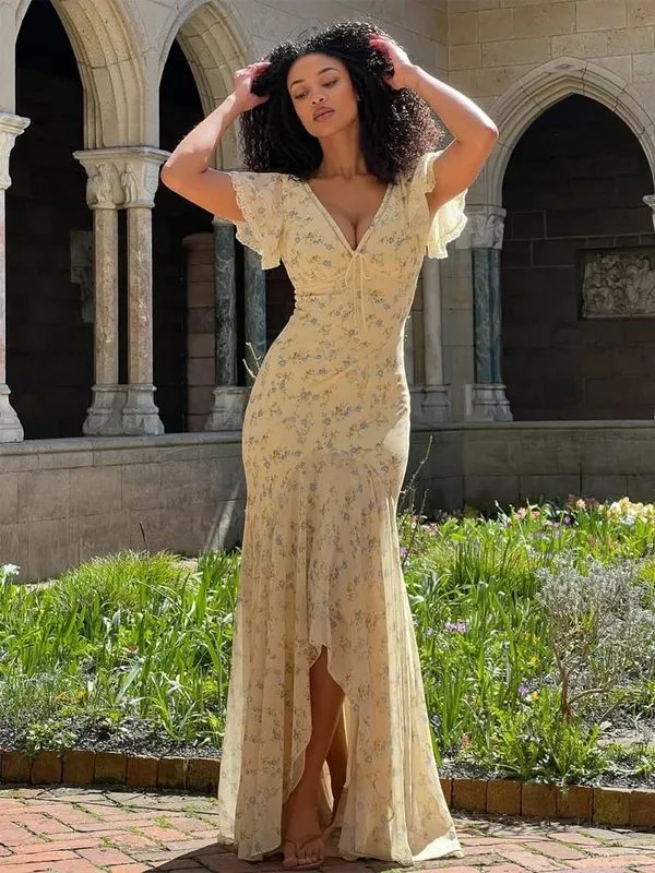 Women Pink Floral Print Maxi Dress Elegant V Neck Ruffle Trim Flare Sleeve Ruched High Chiffon Dresses 2026 Lady Party Vestido — image 11