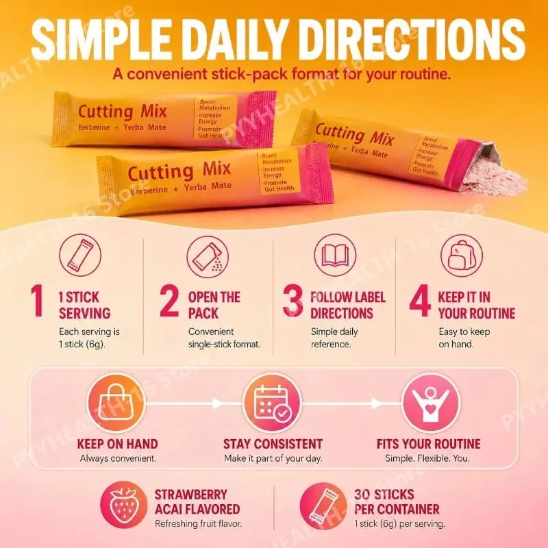 Berberine Yerba Mate Drink Mix Cutting Metabolism & Energy Support Strawberry Acai Flavor Gut Wellness 30 Stick Packs 180g — image 6