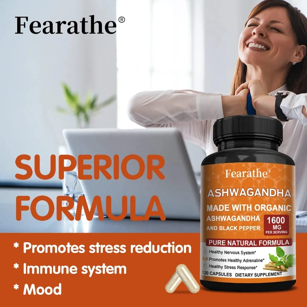 Ashwagandha Extract Capsules - Black Pepper Support Stress Relief Mood Sleep Brain Function Muscle Recovery & Immune Health