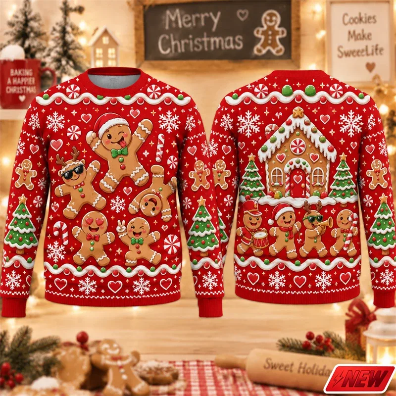 Christmas Ugly Sweater Men Holiday Gift Trendy 3D Print Funny Skateboarding Gingerbread Man House Pattern Pullover Unisex Hoodie — image 10