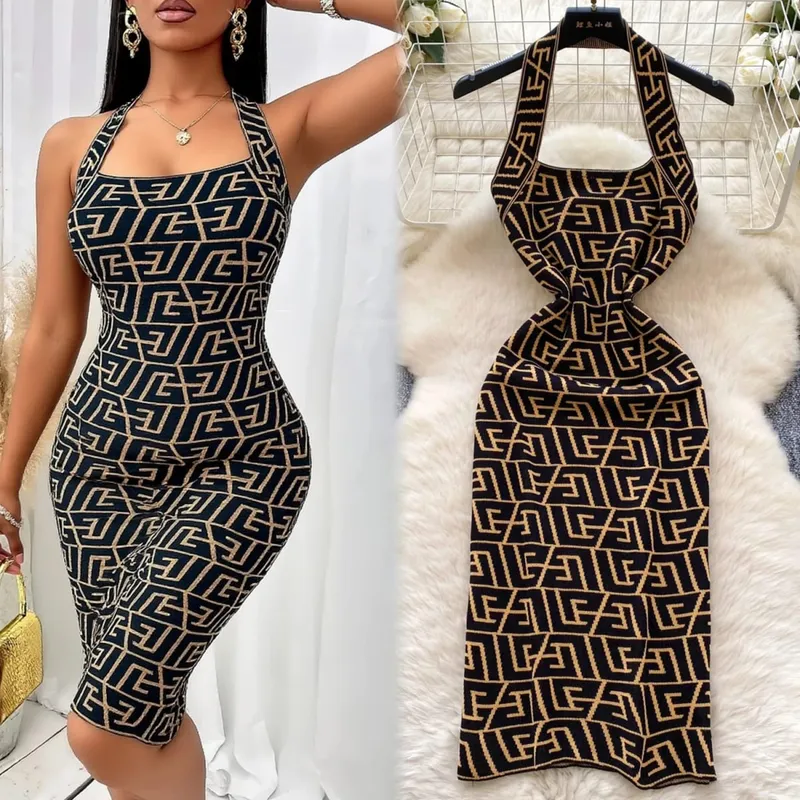 YuooMuoo Brand Fashion Summer Letters Knitted Halter Mini Dress Sexy Wrap Hips Backless Bodycon Party Dress Streetwear Outfits — image 2