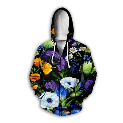 Flower Floral Pattern 3D Print Zipper Hoodies Men's Autumn Hooded Sweatshirts Oversized Streetwear Tracksuit Coat Man Clothing
