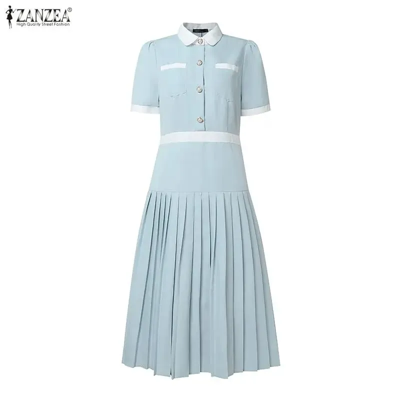 2026 ZANZEA Summer Elegant Lapel Neck Short Sleeve Sundress Women Stylish A Line Pleated Dresses Patchwork Work Midi Dress Robe — image 1