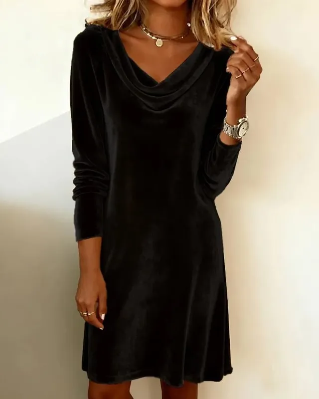 Women's Spring and Summer Velvet Dress with High Neck Flattering Fit Slimming and Elegant Medium-Length Silky Velvet Skirt — image 4