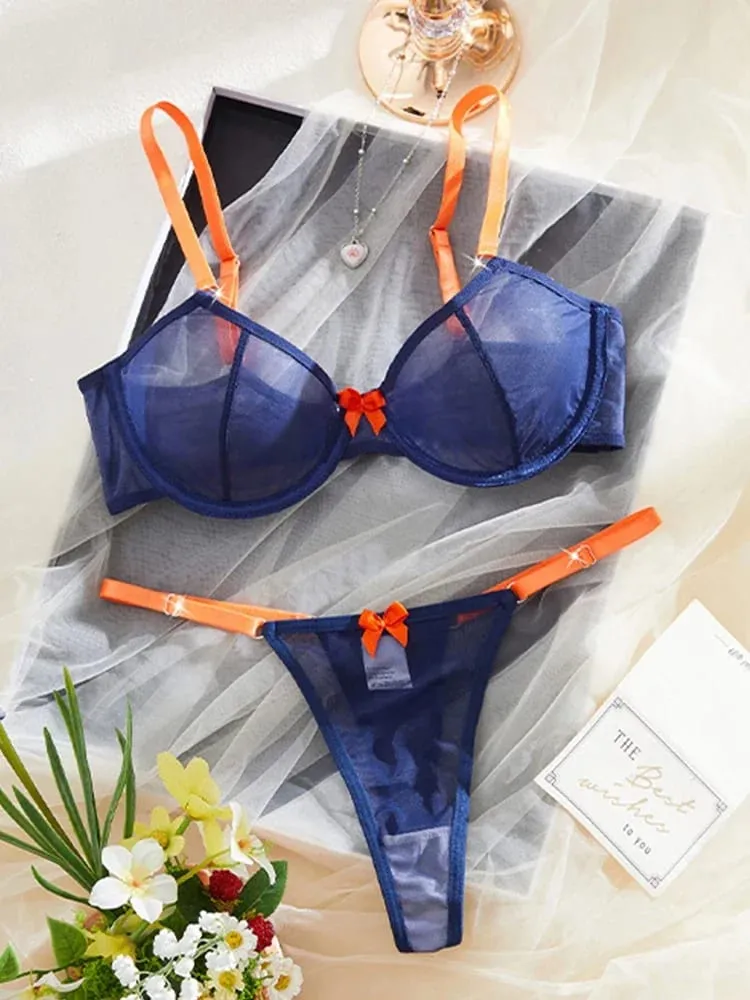 Quần Lót Nữ Màu Xanh Hải Quân Sheer Lưới Quần Lót Thép Nhẫn Áo Ngực Nơ Cam Đùi 2 Miếng Gợi Cảm Màu Sắc Tương Phản Dùng Thân Thiết