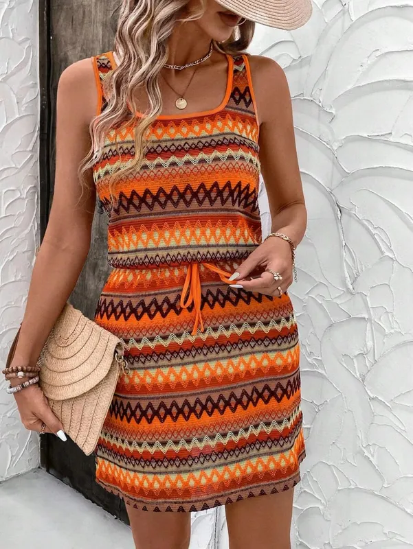 Women's Spring and Summer Colorful Striped Print Sleeveless Dress Suitable for Daily Wear Vacation and Party Outfits