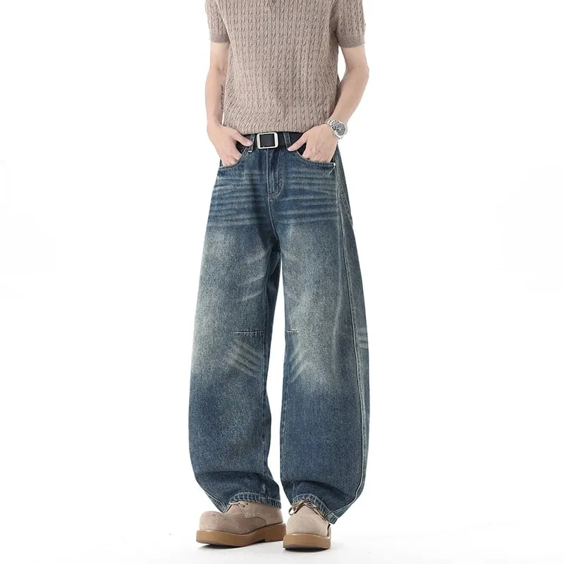 Men 2026 New American Curved Cut Jeans Fall Winter High Street Washed Whiskering Wide Leg Vintage Loose Denim Trousers — image 10