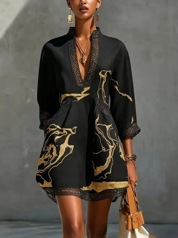 B Elegant Mini Dress for Women Fashion Lace Trim V Neck Abstract Print 3/4 Sleeve Pocket Dress Casual Commuting Vacation Dresses — image 9