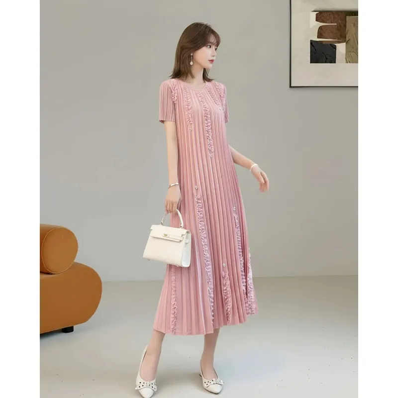 Miyake Pleated Elegant Dresses Women 2026 Summer New Vacation Solid Color Dress Loose Pleats Short Sleeve Plus Size Fold Dress — image 9