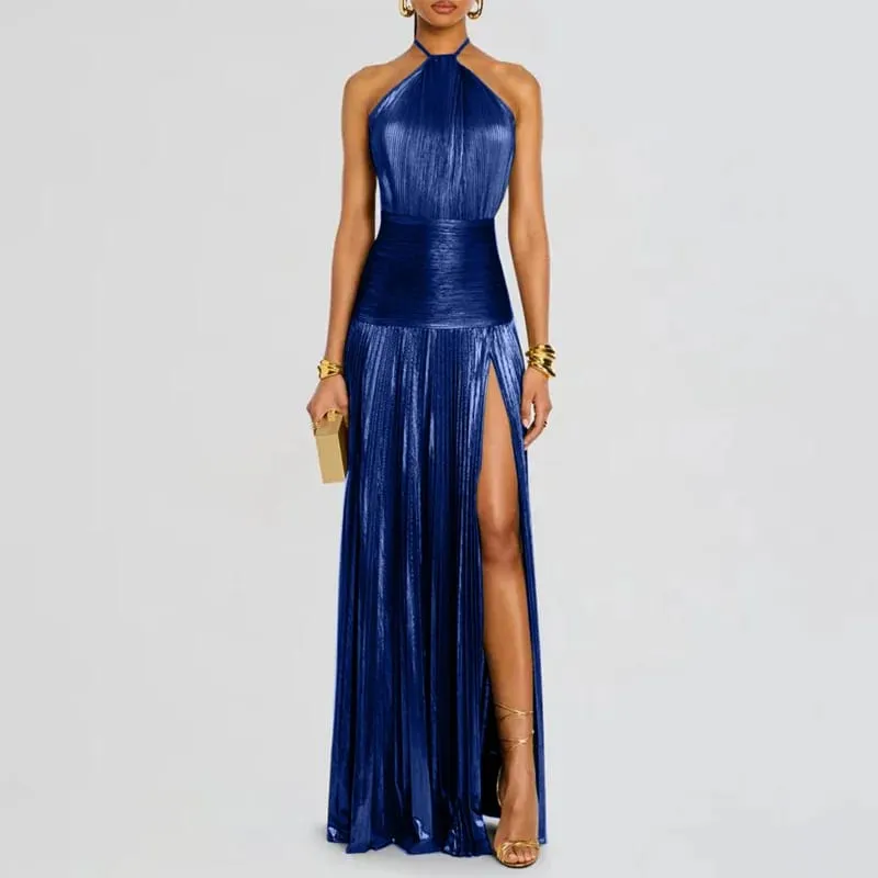 Gold Sexy Halter High Split Gowns Evening Dress Woman Chic Solid Hollow Pleated Long Dress Spring Summer Backless Zip Maxi Dress — image 8
