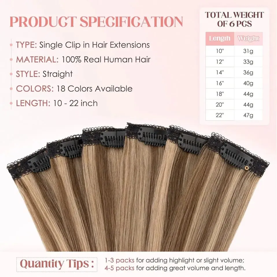 6 Pcs Clip In Human Hair Extensions Single Clip Ins Short Hair Extensions Seamless Straight Highlight Hairpieces for Women — image 3