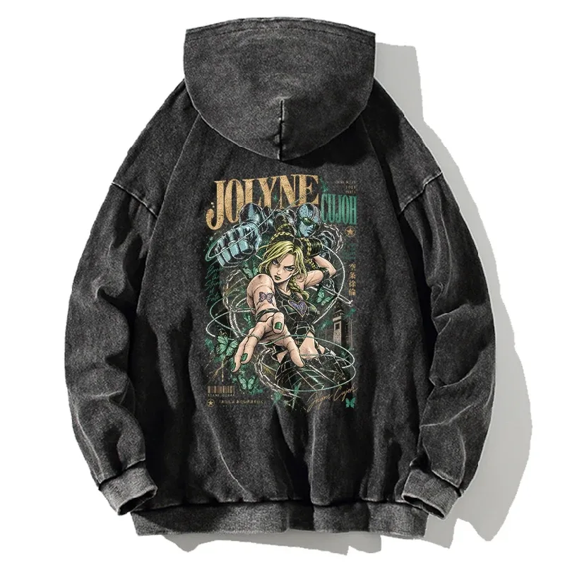 Jolyne Cujoh JoJo's Bizarre Adventure Hoodies Manga Vintage Washed Streetwear Men Long Sleeves Oversized 100% Cotton Hooded Tops — image 4