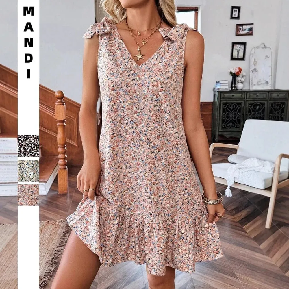 Summer Woman Dress Floral Chiffon Midi Dresses Women's V Neck Sundress Boho Spaghetti Strap Dress Ruffle A Line Pastel Floral — image 1