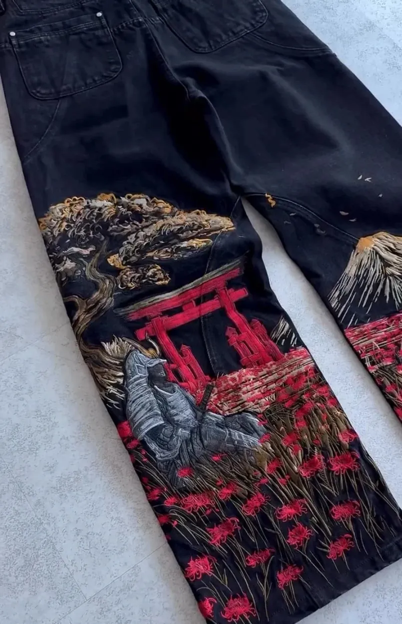 Samurai Embroidery Men Jeans Y2K Retro Harajuku Street Hip Hop High Waist Straight Pants Unisex Wide Leg Loose Denim Pants — image 6