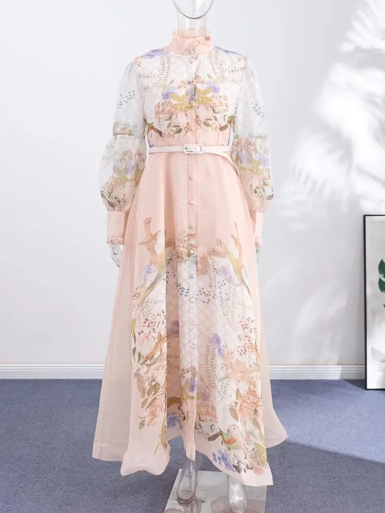 Elegant Printed Belted Maxi Dresses Women Slim Puff Sleeve Lace-up Stand Collar Dress 2026 New Ladies Summer Party Evening Grown — image 3