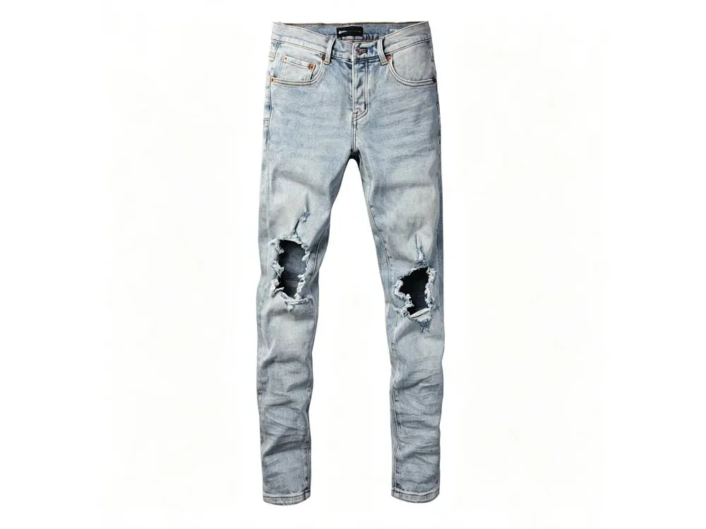 Men's Large Knee Ripped Slim Tapered Jeans Vintage Light Blue Wash Frayed Edges Button Fly High Street Style — image 8