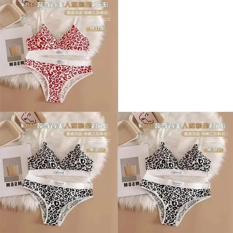 1/3Pcs Seamless Bra Set Low Waist Panties Leopard Bralette Sexy Lingerie Set Vneck Sport Brassiere Female Cotton Underwear