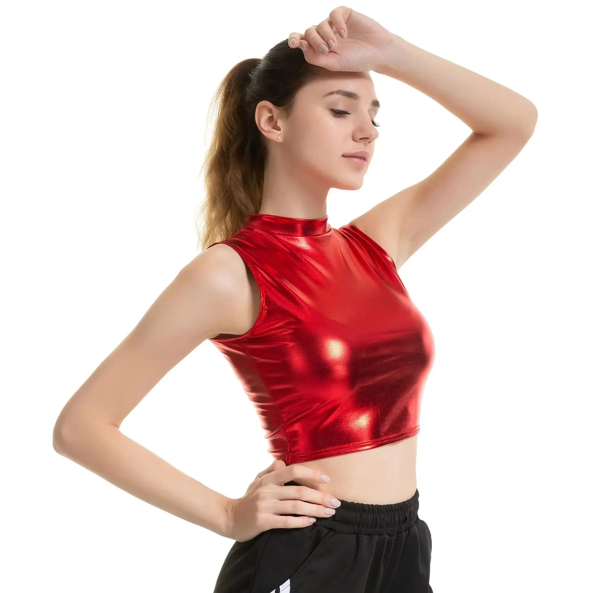 Womens Shiny Metallic Patent Leather Sleeveless Mock Neck Crop Tank Tops Camisole Night Club Party Rave Dance Costume Clubwear — image 6