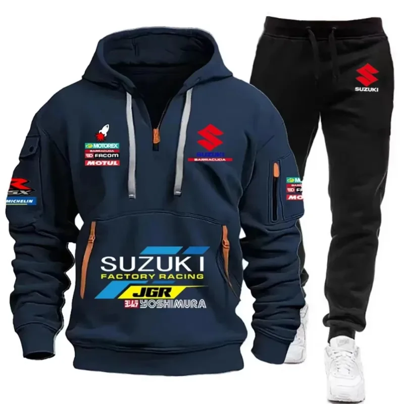2026 Suzuki Men's Hoodie, Half-Closed Front Multi-Pocket Sport Shirt + Athletic Pants Two-Piece Set for Cycling, Running and Mot — image 8