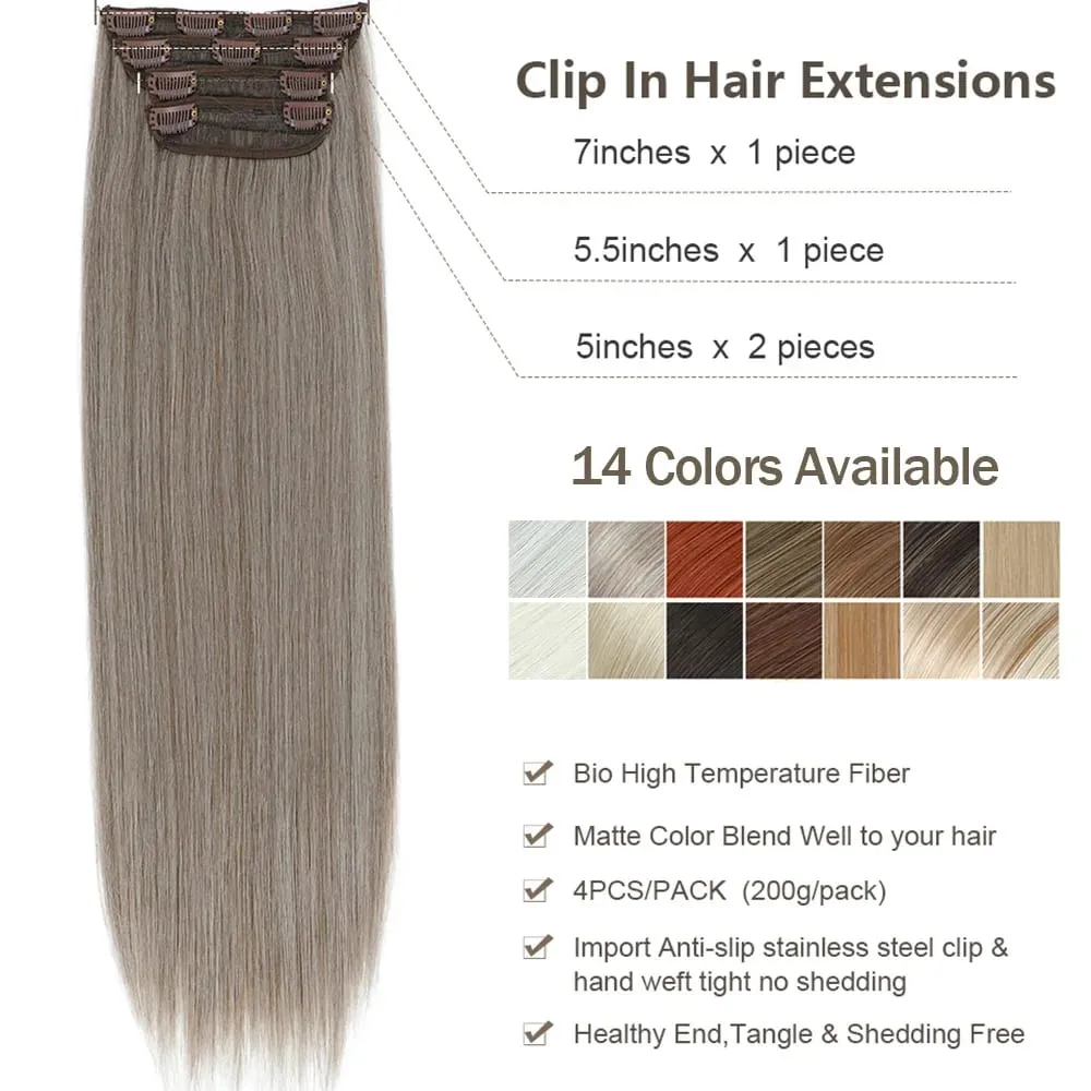 4Pcs 24 Inch Clip In Hair Extensions 200g Colored Brown Blonde Synthetic Heat Resistant Straight Hairpieces Thick Ends For Women — image 4