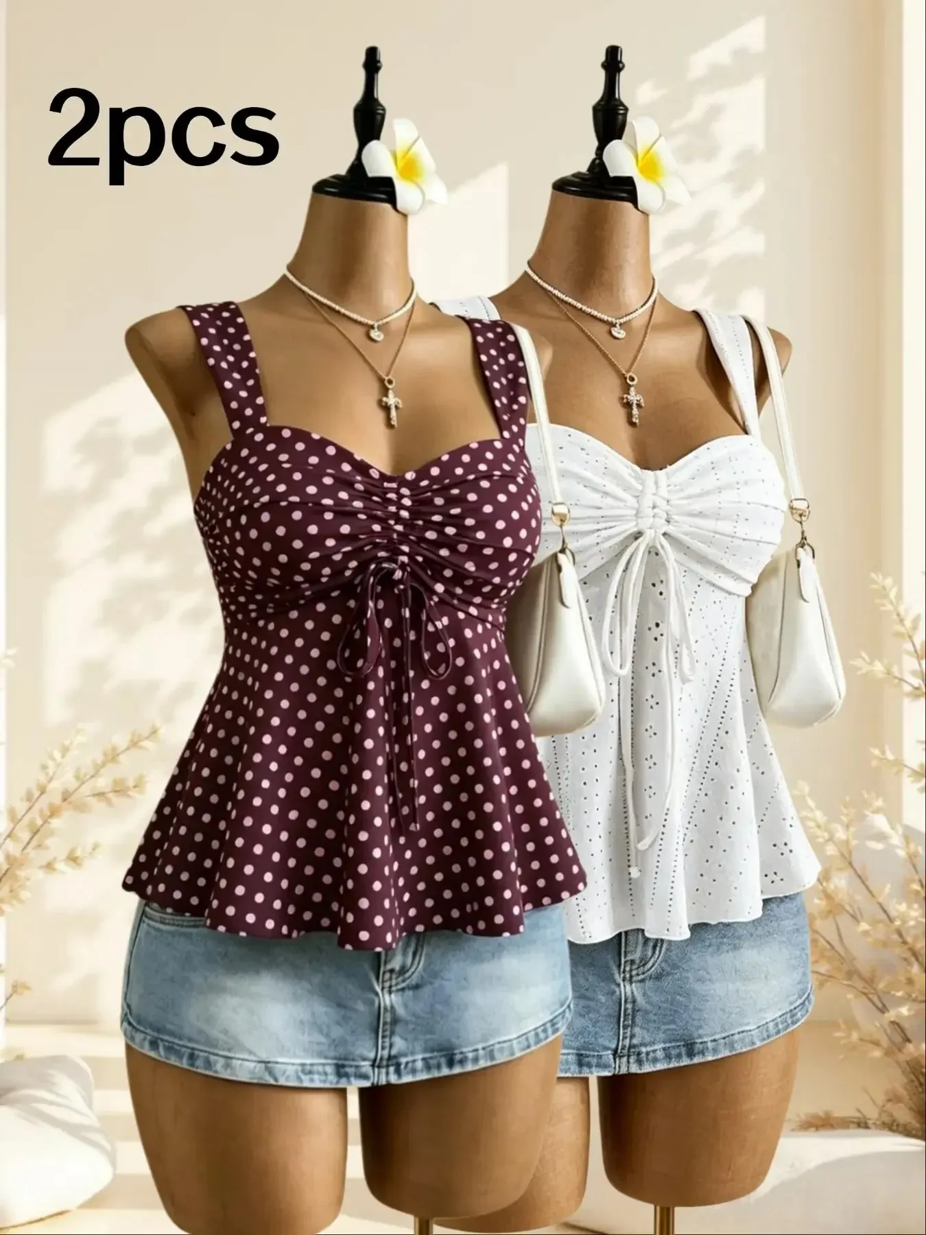 Women Sweetheart Neck Drawstring Ruched Peplum Cami Top Polka Dot Print Sleeveless Casual Camisole Outfit — image 11