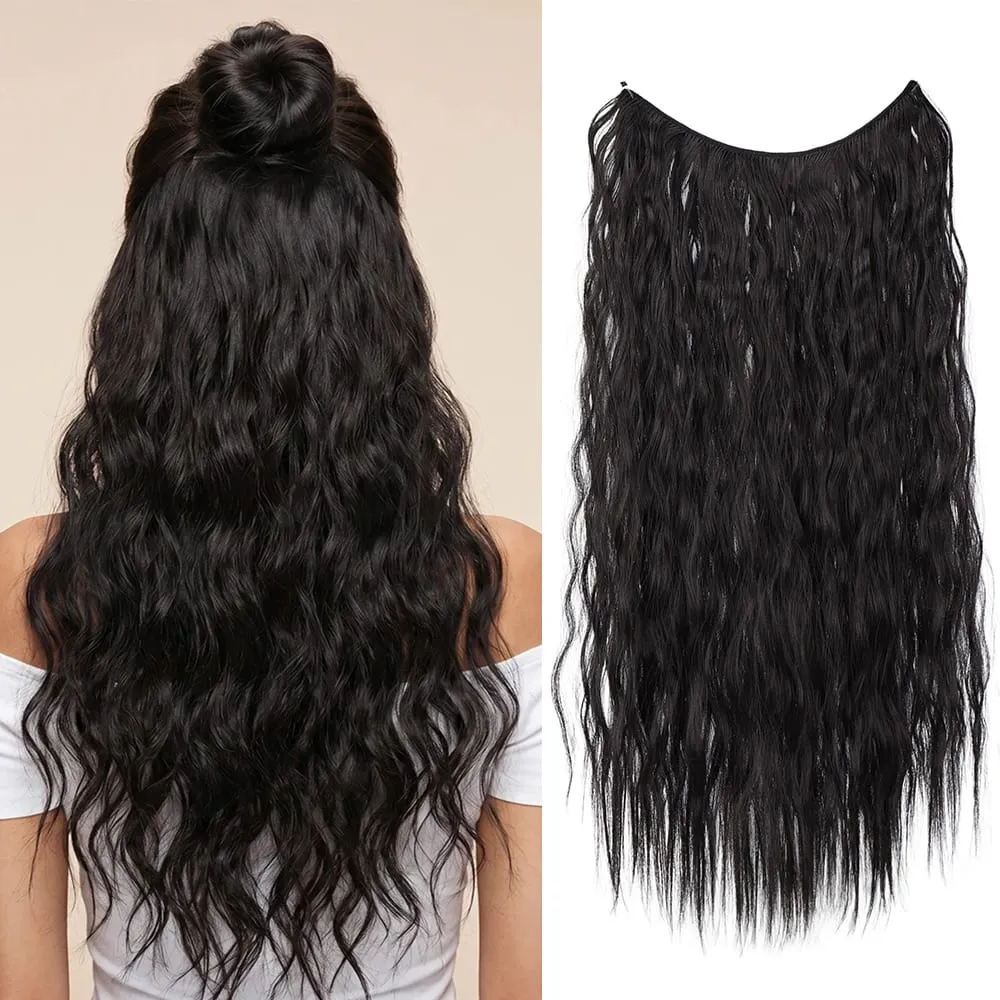 22" Invisible Wire Hair Extensions Water Wave Gray Black No Clip One Piece Synthetic Hairpiece Women Natural Heat Resistant Hot