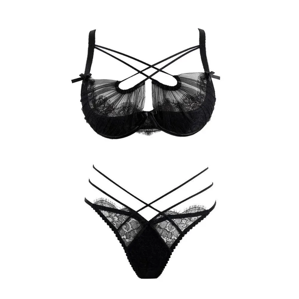 French Lace Embroidery Cross Strap Lingerie Set Mesh Push Up Bra Panty Hollow Sexy Women Intimate Underwear Suit S-XL Party Wear — image 4