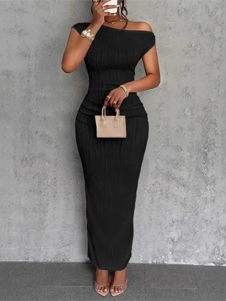 Fashion Water Ripple Slanted Shoulder Dress Pambabaeng Elegant At Simple Solid Color A-line Collar Mid-waist Sexy Hip Wrap Skirt