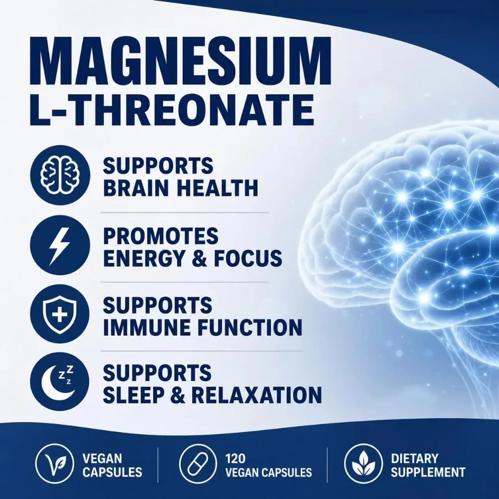 Magnesium L-Threonate 2000mg 120 Vegan Capsules - Brain Health Supplement - Energy Focus Immune Support Non-GMO GMP Dietary — image 3