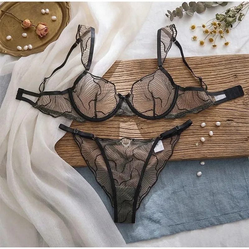 French Lace Bra and Panty Set Embroidered Mesh Sheer Lingerie with Spaghetti Straps Ripple Pattern for Spring Summer Women Wear — image 7