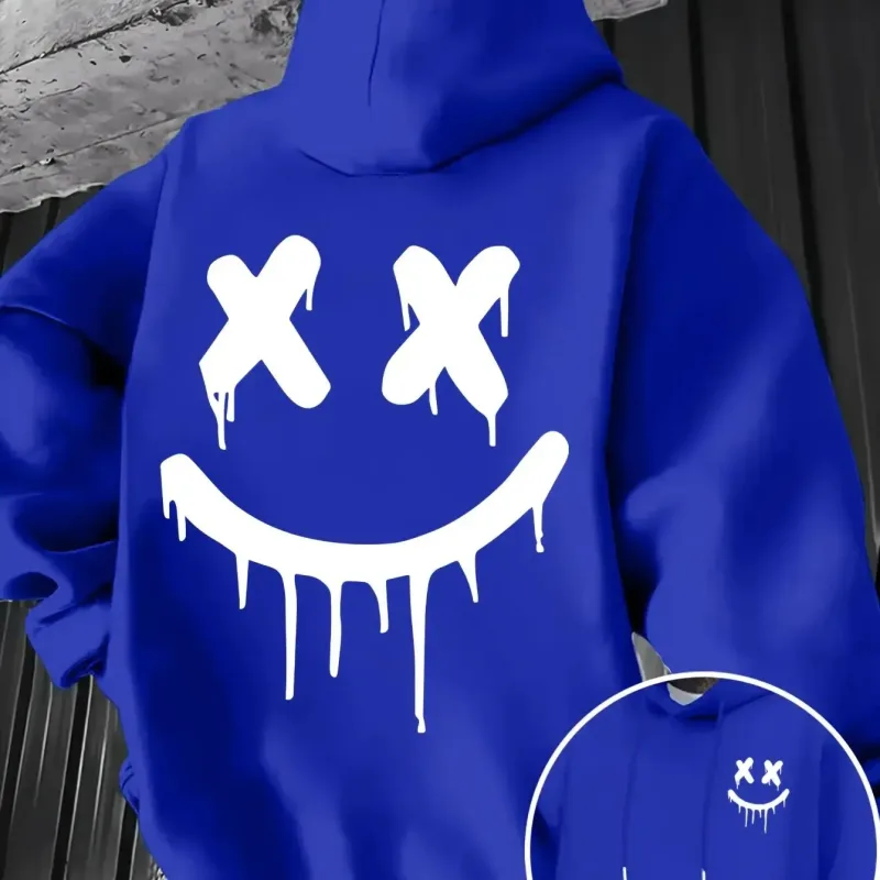 Smiley face print men's and women's autumn winter trendy printed hooded fleece sweatshirt front back casual hoodie — image 4