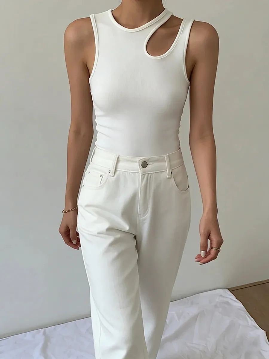 Women's White Ribbed Knit Tank Top Round Neck Cut Out Shoulder Slim Fit Sleeveless Cami Casual Vest Spring Summer Daily Outfit — image 6