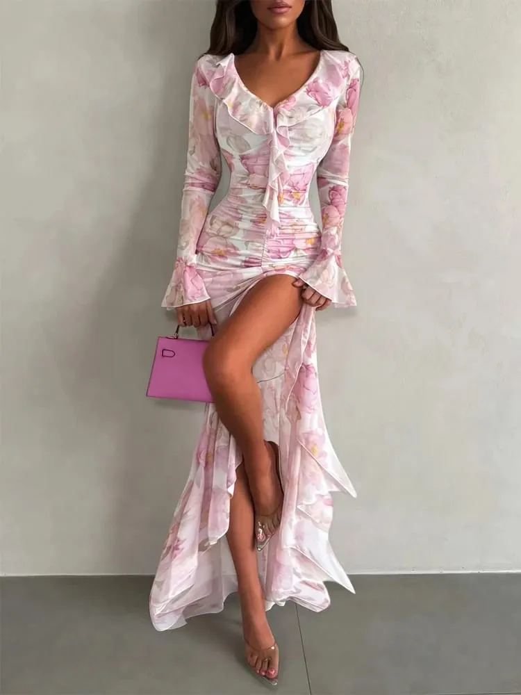 Organza Floral Printed Maxi Dress Fashion V-neck Puff Sleeve 2026 Spring/summer Romantic Women Party Gown Elegant Lady Vestidos — image 5