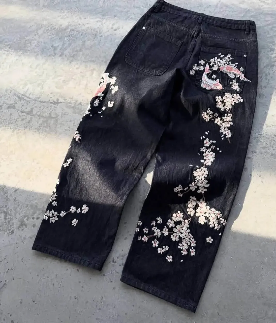 Unisex Jeans Harajuku European American Streetwear Embroidered Denim Pants Vintage Floral Loose Fit Straight Wide Leg Casual New — image 8