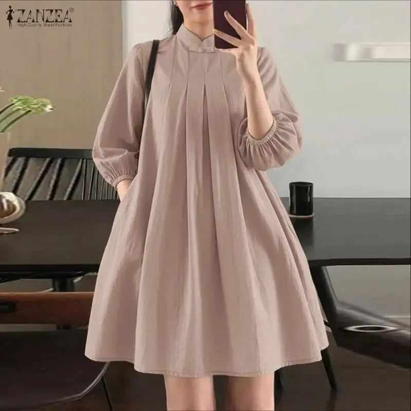 Letnie damskie eleganckie plisowane sukienki ze stójką 3/4 bufiaste rękawy marszczona linia sukienka do kolan swobodne szaty Femme