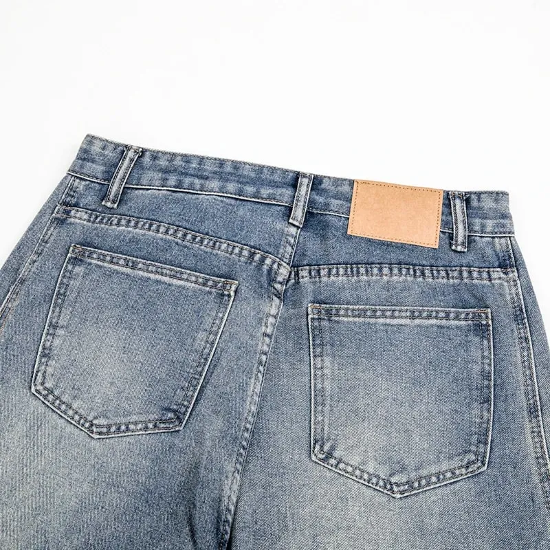 2026 Autumn Men Curved Seam Baggy Jeans Vintage Wash High Waist American Street Wide Leg Denim Pants