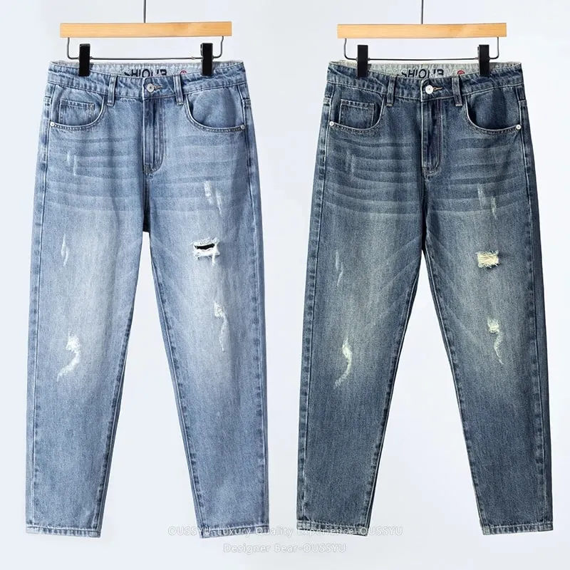2026 Men's Spring Summer Ripped Hole Jeans Korean Style Straight Leg Casual Harem Denim Pants Distressed Washed Baggy Trousers — image 3