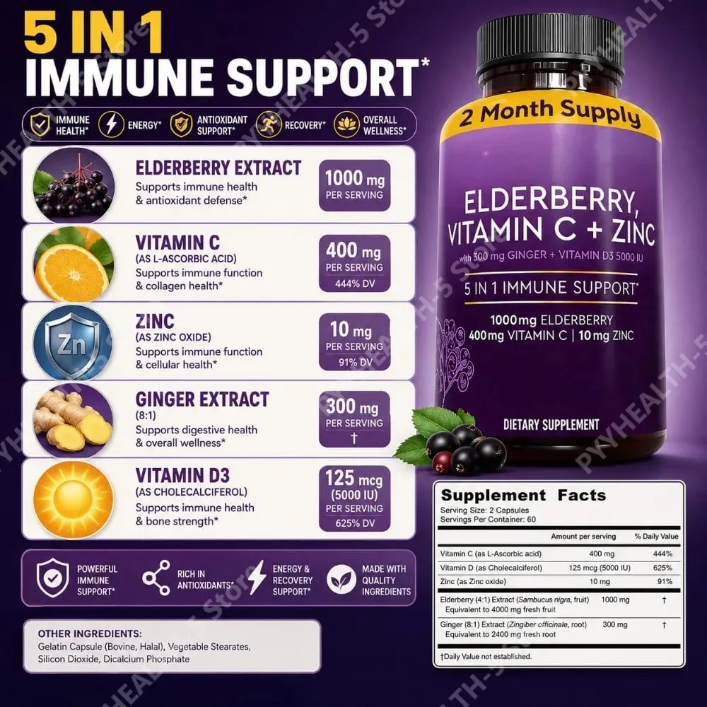Capsule di sambuco con vitamina C zinco D3 Zenzero Sambucus Miscela di erbe di sambuco nero Supporto quotidiano per il benessere degli adulti — image 3