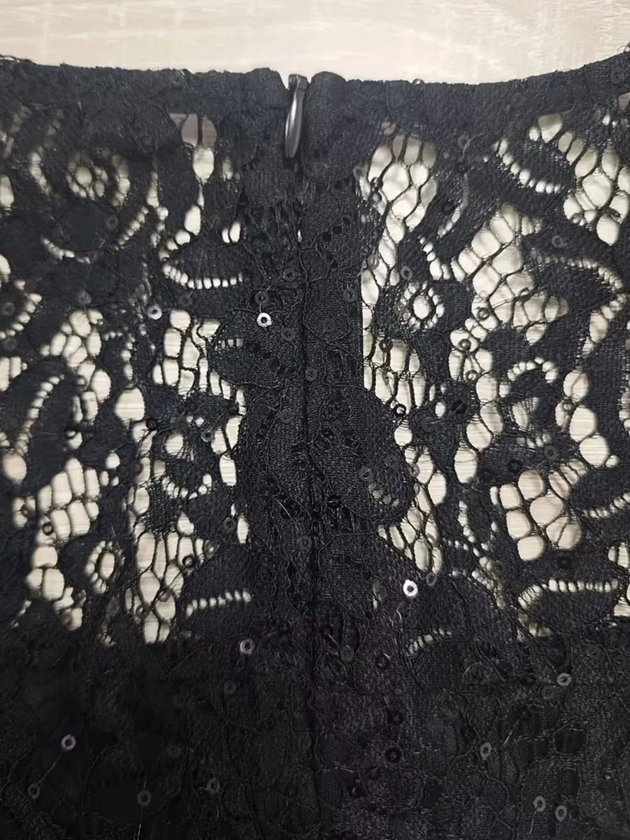 Women Summer Black Lace Short Sleeve V Neck Knee Length Elegant Bodycon Party Slim Ruffle Split Evening Club Dress