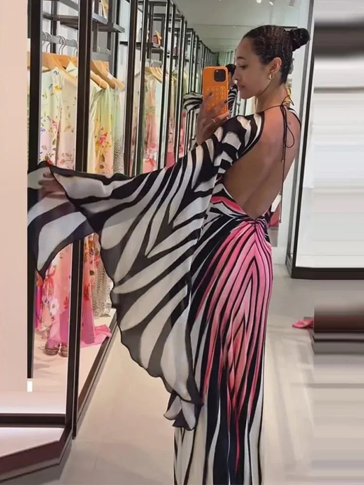Women Pink Orange Gradient Cape Sleeve Maxi Dress Sexy Halter Neck Cutout Flare Sleeve Gown 2026 Ladies Vacation Party Outfits — image 2
