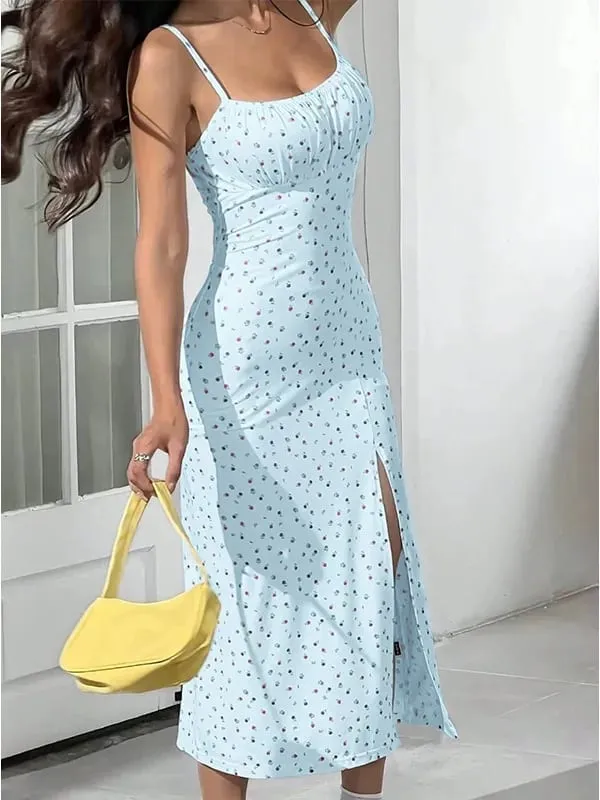 Y2K Elegant Women's Clothing SummerTrend Flower Print Spaghetti Strap Sleeveless with High Slit Ladies Bodycon Vintage Dresses