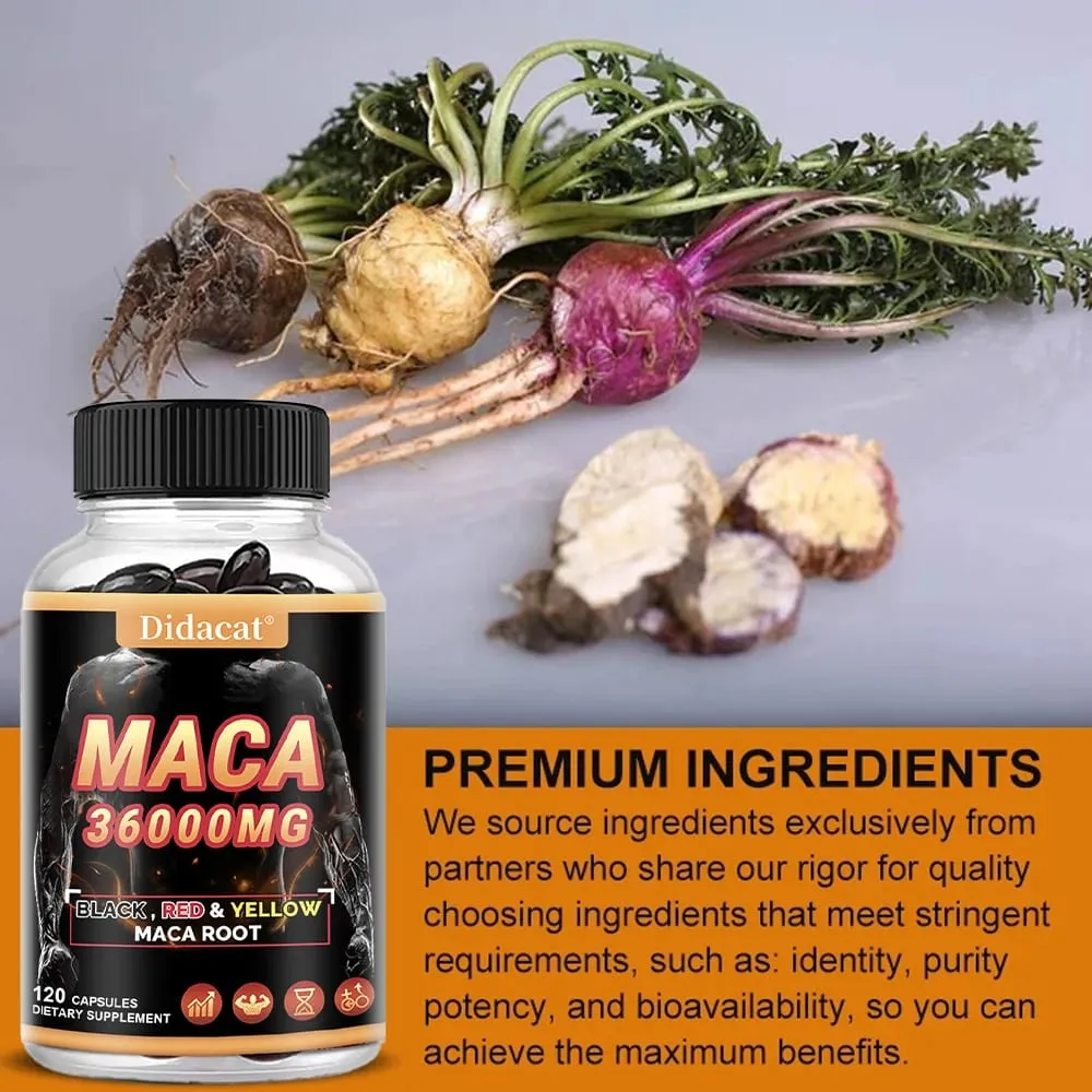 Organic Maca Root Powder Capsules with Black + Red + Yellow Maca Root Extract Supplement for Men and Women - 120 Capsules — image 2