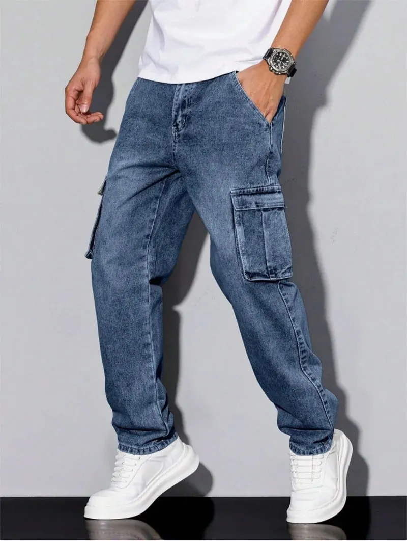 Men's Blue Cargo Jeans Spring New Multi-Pocket Loose Fit Denim Pants Streetwear Hip Hop Casual Versatile Daily Fashion Trousers — image 7
