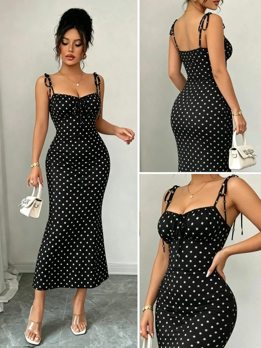 Black and White Polka Dot Bow Mid-Length Dress Pleated Tight-Fitting Fishtail Dress Vintage Slim-Fit Fishtail Party Long Dress — image 2