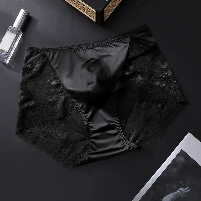 Men Satin Ice Silk Triangle Underwear 3D Pouch Low‑Waist Briefs Side Lace Breathable Soft Sexy Male Plus Size Intimate Shorts — image 14