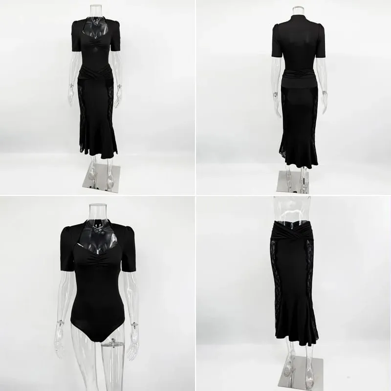 Ticketsx Sexy Lace Dress Set Women Fashion V-Neck See-Through Patchwork Pleated Slim Skirts Set Elegant Party Evening Dress Set — image 6