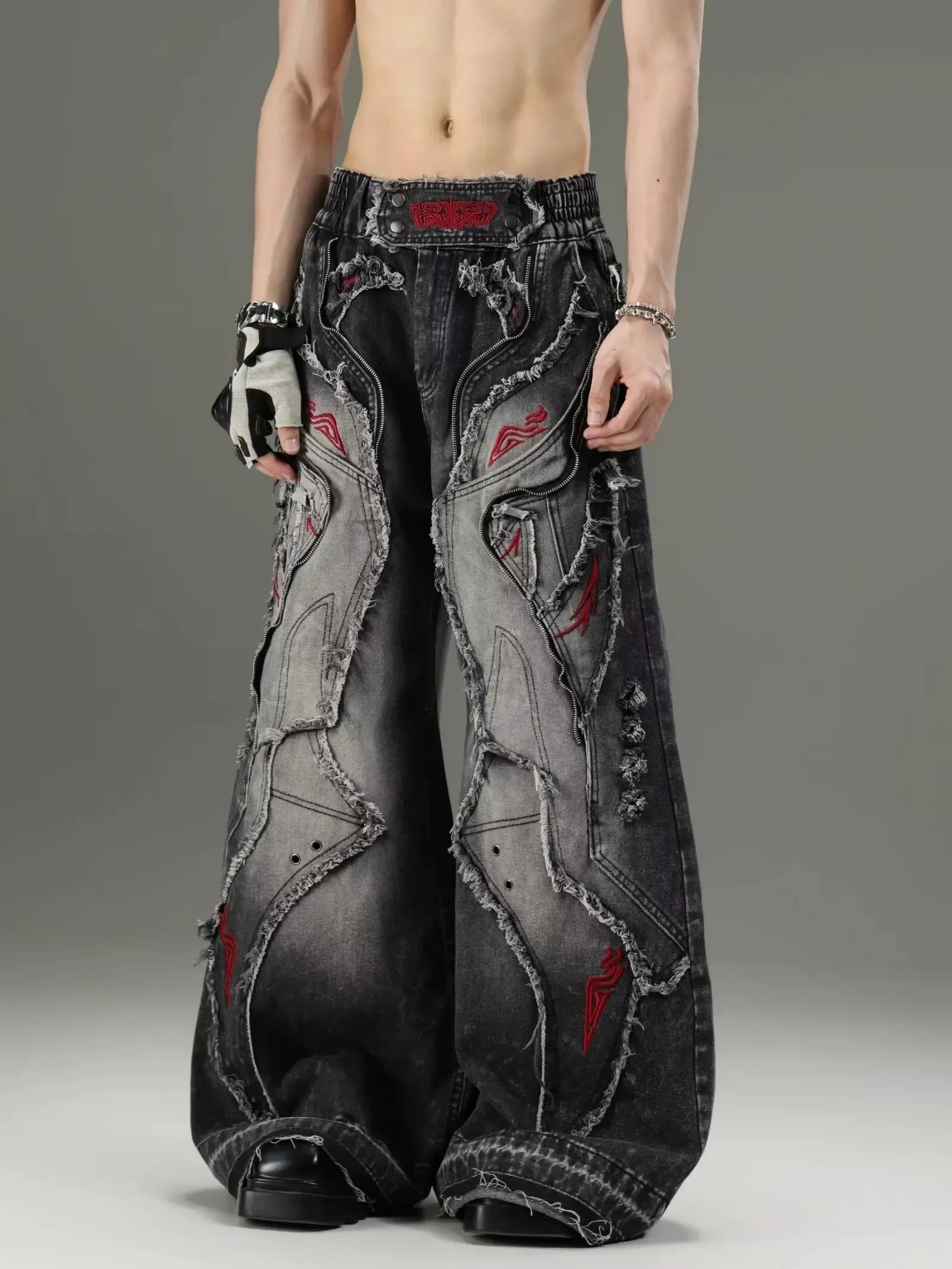 Gothic Retro Baggy Unisex Mopping Pants Y2K Phantom Jeans High Street Red Embroidered Patch Hip Hop Streetwear Straight Jeans — image 5